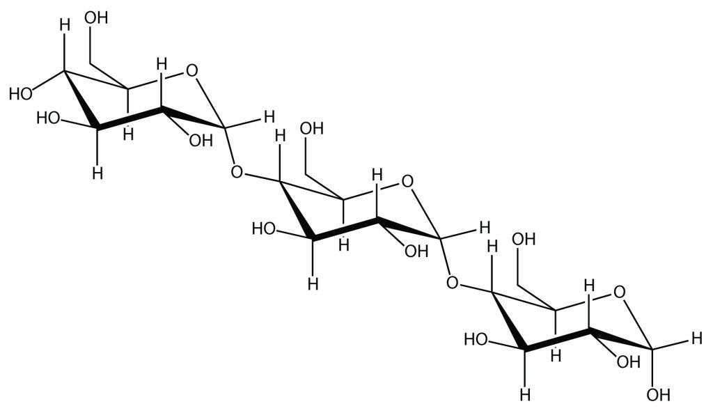 Repeating glucose units (each in a chair formation) are connected together by oxygen bonds forming a polymer structure known as starch.
