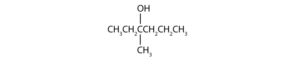 From left to right, there are six carbons on the alkane straight chain with a methyl group on carbon 2 and a hydroxyl group on carbon 3.