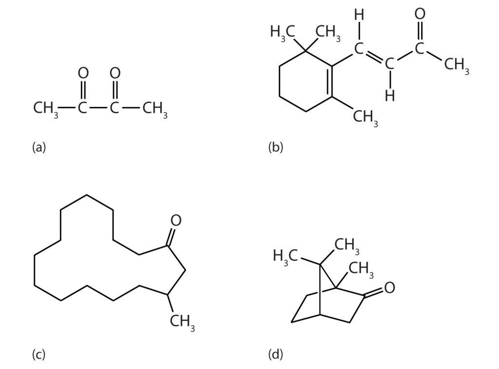4 ketone structures: (a) 2,3-butanedione; (b) β-ionone; (c) muscone; and (d) camphor