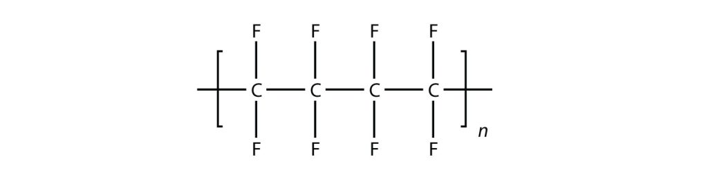Polymer that forms has a 4 carbon chain all bonded via single bonds. Each carbon is also bonded to two fluorine atoms for a total of eight fluorines.