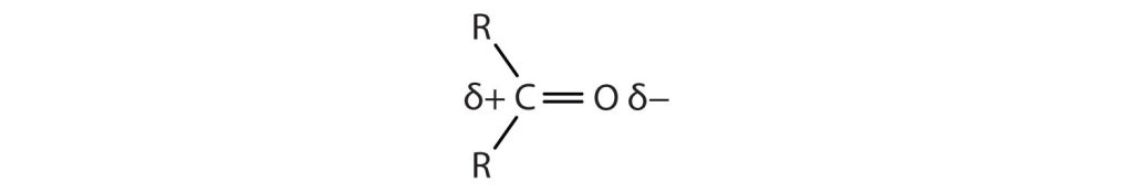 A ketone general structure showing a dipole moment at the carbonyl groups. The carbon has a positive dipole and the highly electronegative oxygen has a negative dipole