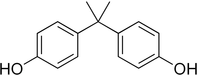 Chemical structure of bisphenol A (BPA). Contains 2 ring structures with a hydroxyl group attached to each and linked by a carbon with 2 methyl groups.