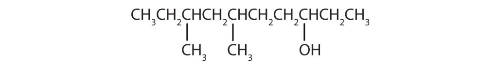From left to right, there are ten carbon on the alkane straight chain with methyl groups emerging from carbon 3 and 5 and a hydroxyl group on carbon 8