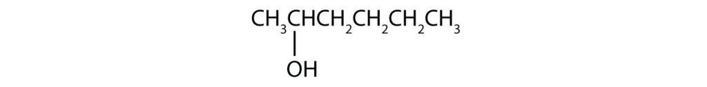 From left to right, there are six carbons on the alkane straight chain with a hydroxyl group on carbon 2.