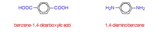 Kevlar monomers benzene-1,4-dicarboxyic acid and 1,4-diaminobenzene.