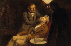 Oil painting depicting the first use of ether as an anesthetic in 1846 by the dental surgeon W.T.G. Morton