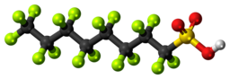 A long-chained fluorocarbon with a SO3H group at the end to represent perfluorooctanesulfonic acid also known as PFOS.