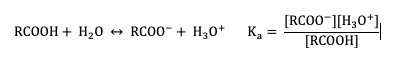 Calculating the Ka value of a reaction compound involves multiplying the concentration of the products and dividing this value y the concentration of the reactants. A basic chemical equation for a carboxylic acid and water is shown.