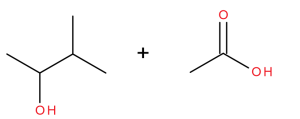 Chemical reaction (using line diagrams) between 3-methyl-2-butanol and ethanoic acid.