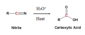 The reaction of a nitrile with heat and an acid catalyst will form the corresponding carboxylic acid.