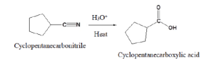 If cyclopentanecarbonitrile reacts with heat and an acidic catalyst, cyclopentanecarboxylic acid is formed.