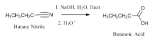 When butane nitrile reacts with a basic catalyst such as sodium hydroxide, it produces butanoic acid.