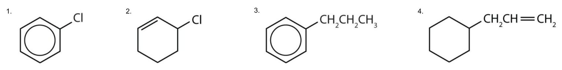 There are 4 images from left to right: a chlorobenzene; 2-chlorocyclohexene; a propylbenzene; and lastly 3-phenyl-1-propene.