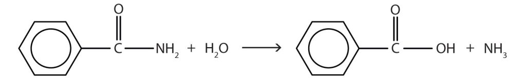 Benzamide and water (H2O) react to form a carboxylic acid, benzoic acid and ammonia (NH3).