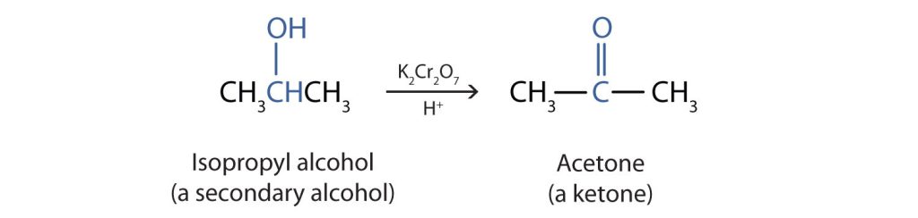 Oxidation of propan-2-ol (isopropyl alcohol) to propanone (acetone) using potassium dichromate as the catalyst.