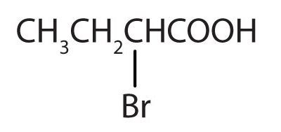 The image displays the condensed structural formula for 2-bromo-propanoic acid. CH3CH2CH(Br)COOH