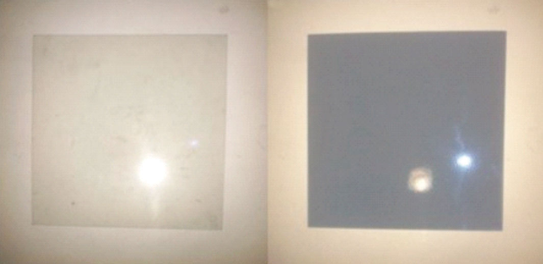 Two photos of Polaroid sheets with light shining on them.