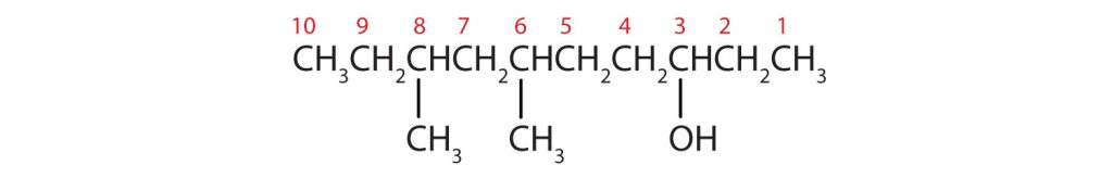 A 10 carbon chain with an OH group on the 3rd carbon, and a methyl group on the 6th and 8th carbon. This is known as 6,8-dimethyl-3-decanol