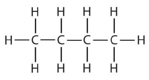 One carbon atom connected to three hydrogen atoms. This carbon atom connected to another carbon with two hydrogen atoms. This carbon atom connected to another carbon with two hydrogen atoms. This carbon connected to another carbon with three hydrogens, CH3CH2CH2CH3