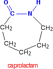 Line structure of caprolactam. It is a ring structure made up of 6 carbons and 1 nitrogen within the ring.
