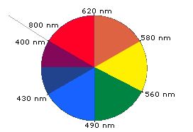 An image of the colour wheel showing complementary colours opposite each other. Red 800 nm to 620 nm is opposite green 490 nm to 560 nm. Orange 620 nm to 580 nm is opposite blue 430 to 490 nm. Yellow 580 to 560 nm is opposite blue/violet 430 to 400 nm.