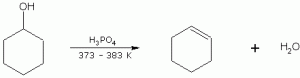 The dehydration of cyclohexanol to produce a cyclohexene and water in the presence of phosphoric acid and a temperature between 373-384 Kelvin. .