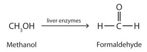 Conversion of methanol to formaldehyde (methanal) using liver enzymes as the catalyst.