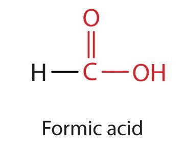 Structural digram for formic acid highlighting the carbonyl group and hydroxyl group.