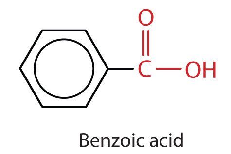 The image displays a ring structure (benzene) containing the functional groups for a carboxylic acid (a carbonyl and hydroxyl group) highlighted in red.