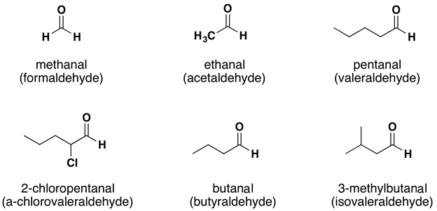 There are 6 aldehyde structures. Top left to right: methanal, ethanal and pentanal. Bottom left to right: 2-chloropentanal, butanal and 3-methylbutanal.