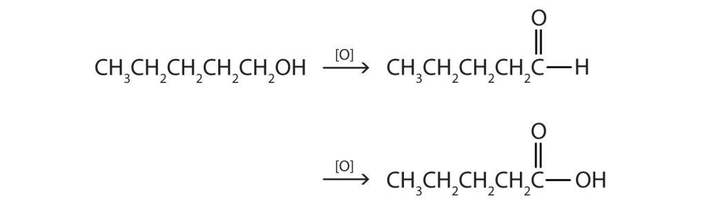 This alcohol has the OH group on a carbon atom that is attached to only one other carbon atom, so it is a primary alcohol. Oxidation forms first an aldehyde and further oxidation forms a carboxylic acid.