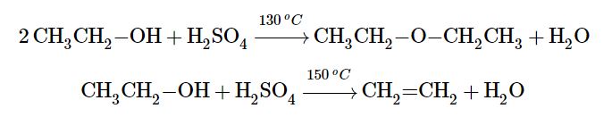 The first reaction (at lower temperature) combines two ethanol molecules to form diethyl ether (ethoxyethane).  The second reaction (at higher temperature and limited alcohol) dehydrates intramolecularly resulting in ethene.
