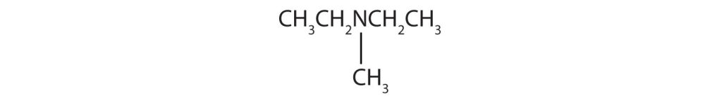 A central nitrogen atom with 2 separate ethyl groups and a methyl group attached.
