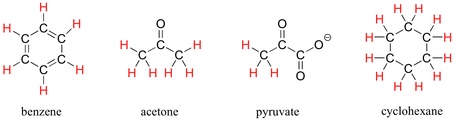 Molecular structures showing equivalent protons in benzene, acetone (propanone), pyruvate, and cyclohexane. All structures contain only one type of equivalent proton.