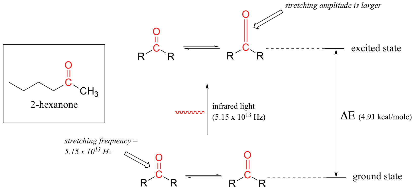 A diagram showing the excitation of carbonyl bond in 2-hexanone
