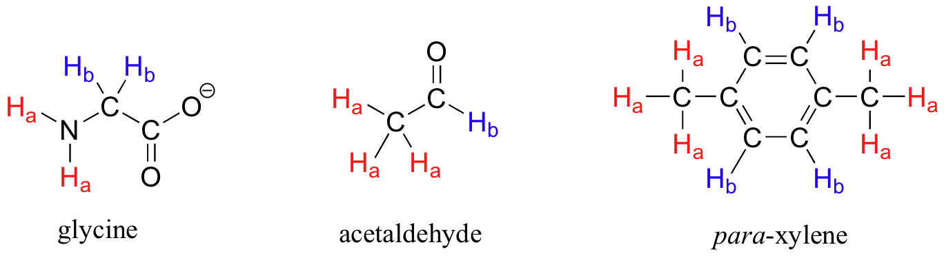 Molecular structures showing equivalent protons in glycine, ethanal (acetaldehyde), and para-dimethylbenzene (xylene). Each structure has two different equivalent protons labelled Ha and Hb. Glycine - Ha on N and Hb on C next to it. Acetaldehyde - Ha on methyl group and Hb connected to carbonyl group. Para-xylene - Ha on methyl groups, Hb on aromatic ring.