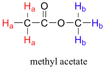 Molecular structure of methyl acetate (methyl ethanoate). The three hydrogens on the carbon connected to the carbonyl group are labelled Ha. The three hydrogens on the carbon connected to the oxygen are labelled Hb.