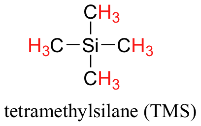 The molecular structure of tetramethylsilane (TMS). The methyl hydrogens are all labelled in red showing equivalence.