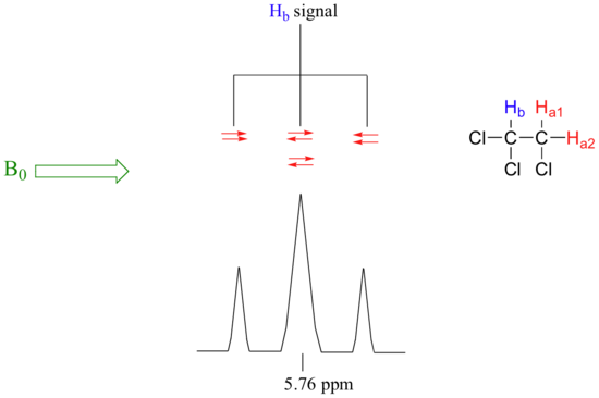 A diagram showing the spin-spin coupling between Hb and Ha in 1,1,2-trichloroethane. Hb is triplet about 5.76 ppm. Middle peak higher as generated from two signals (Ha with and opposed to B0) for each Ha atom. Outside peaks result from both Ha with B0 and both Ha opposed to B0.