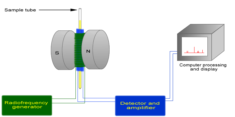 A diagram showing the schematic of NMR spectrometer. The sample tube is inside the N-S magnet which is connected to a radiofrequency generator, then to a detector and amplifier and an output display.