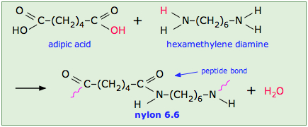 This diagram shows the same reaction process as above (apidic acid and hexamethylene diamine producing nylon 66) but highlights the peptide bond formation.