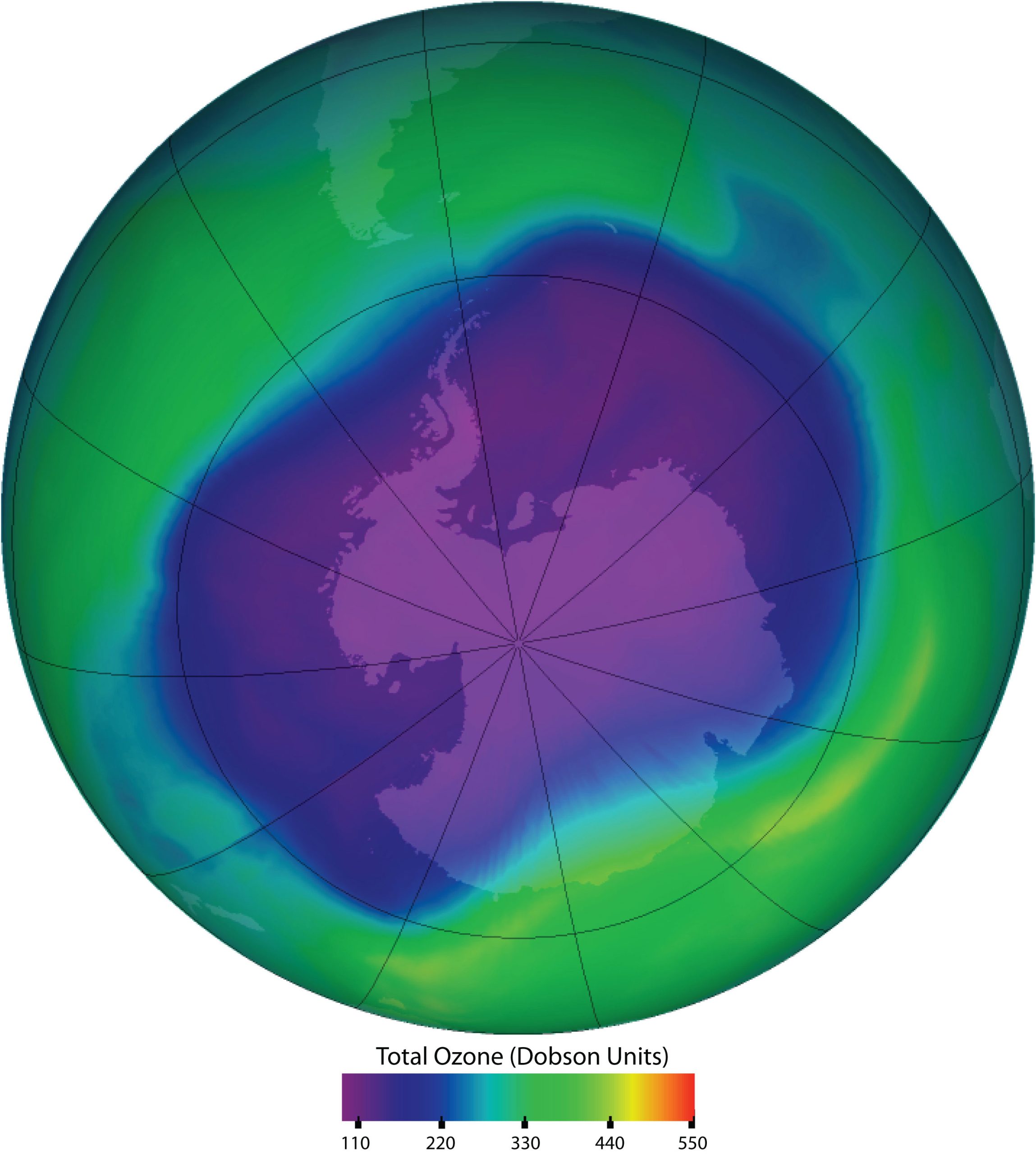 A blue/purple outline covering the aerial view of the earth that shows ozone covering most of South America.