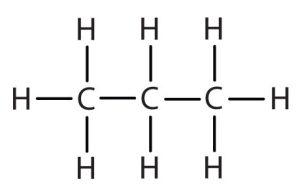One carbon atom connected to three hydrogen atoms. This carbon atom connected to another carbon with two hydrogen atoms. This carbon connected to another carbon with three hydrogens, CH3CH2CH3