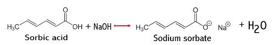 The chemical equation here shows the reaction of sorbic acid with the basic sodium hydroxide. When combined these form sodium sorbate and water.