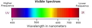 The visible portion of electromagnetic spectrum showing UV at the higher frequency (400 nm) through to IR at the lower frequency (800 nm).