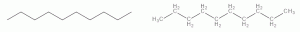 Line structure (zig-zags) and condensed structural diagram (showing Cs and Hs) for decane (10 carbons and 22 hydrogens).