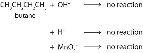 Three reactions of butane. The first with OH-, the second with H+ and third with MnO subscript 4 negative all showing no reaction.