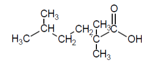 Structure of 2,2,5-trimethyl hexanoic acid. This includes a 6 carbon chain ending in a carboxylic acid group along with 3 methyl groups.