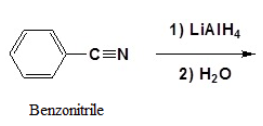 Reaction of Benzonitrile with LiAlH4 and water produces what?
