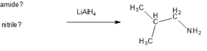Write the structures of the amide and the nitrile that when reduced produce this amine (NH2CH2CHCH3(CH3))